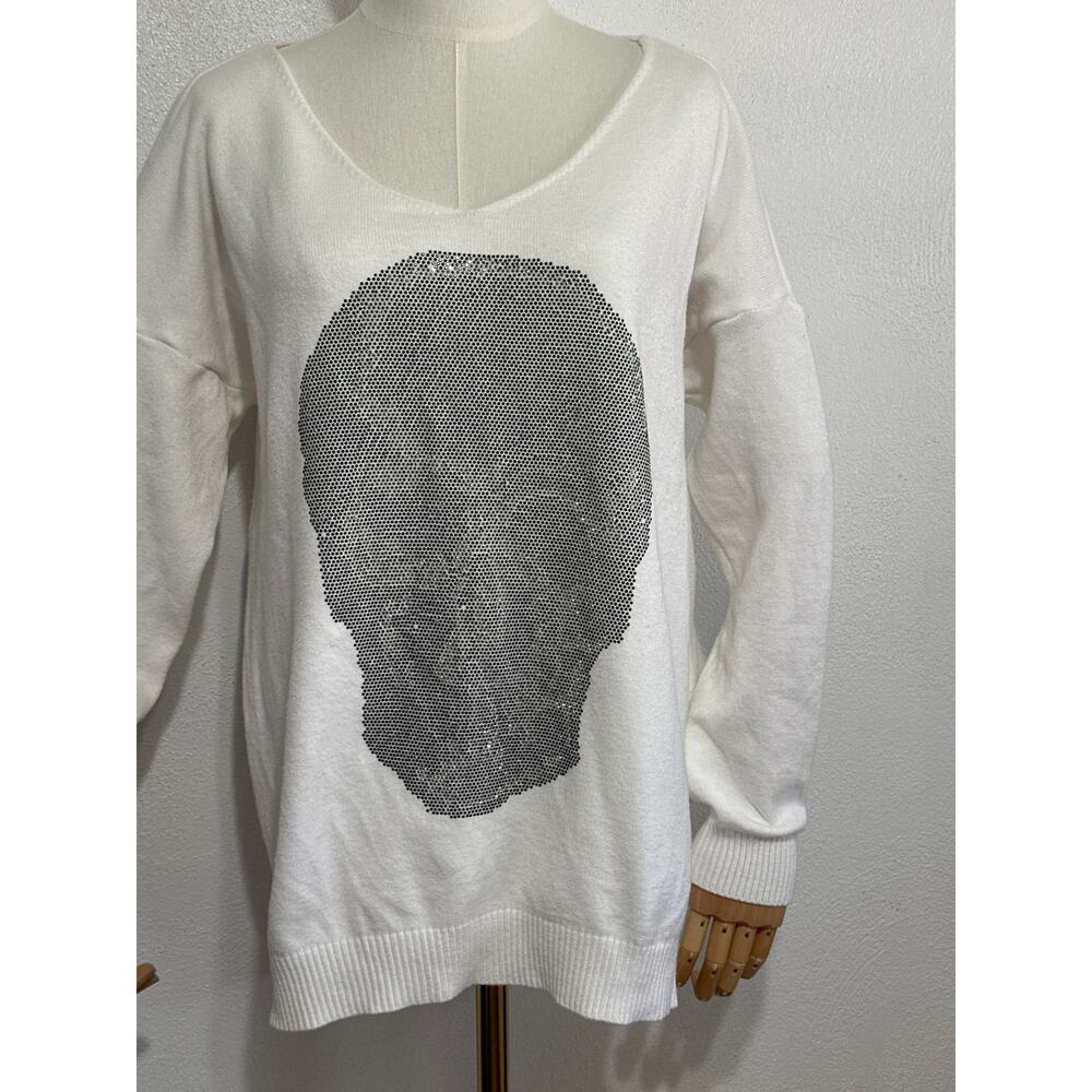 Venti6 Skull White Silver Rhinestone Oversized M Sweater Rockstar Metal Goth - Picture 2 of 12